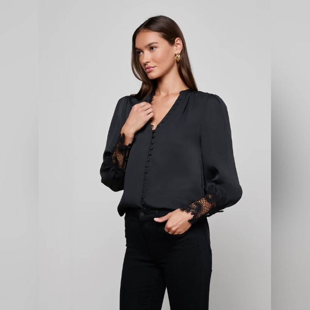 L'AGENCE Black Blouse with Lace Cuffs